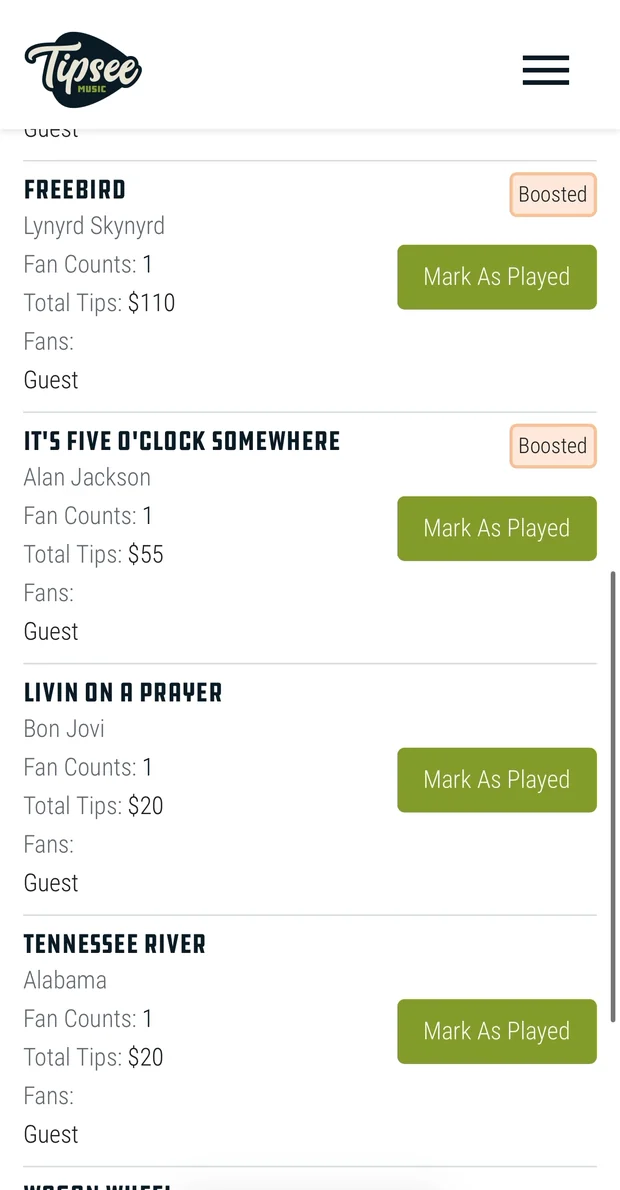 TipSee request queue showing boosted song requests with tip amounts and Mark As Played buttons