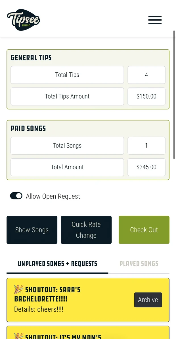 TipSee artist dashboard showing total tips, paid song totals, and incoming shoutouts